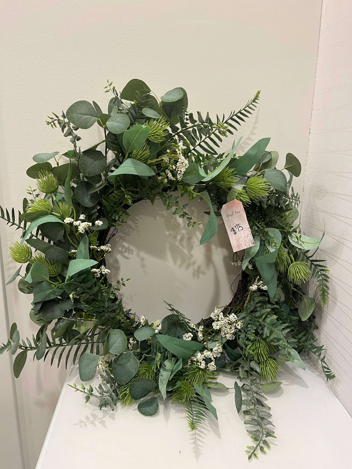 Mixed Greens & Babies Breath Silk Wreath_Silks_The Floral Fixx_The Floral Fixx