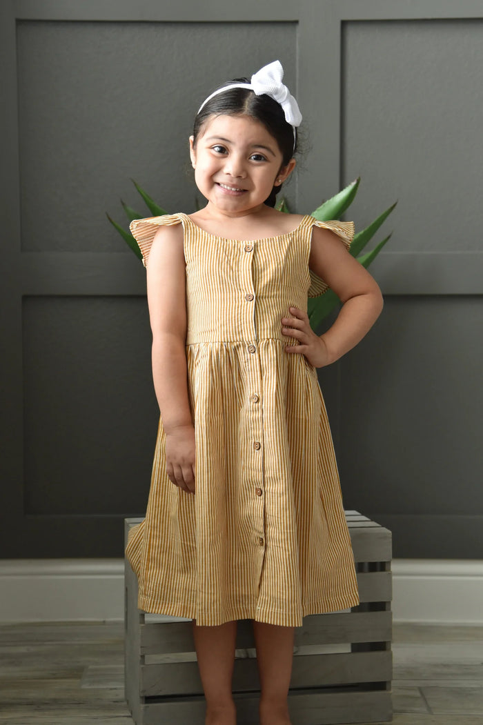 Yo baby Mustard Pinstripes Flutter Sleeves Shirt Dress